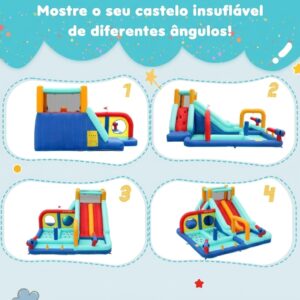 Castelo insuflável com soprador, parque aquático exterior: escorrega duplo, parede de escalada, canhão e fonte de água. - Image 5