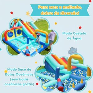 Castelo insuflável com soprador, parque aquático exterior: escorrega duplo, parede de escalada, canhão e fonte de água. - Image 3