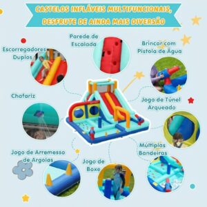 Castelo insuflável com soprador, parque aquático exterior: escorrega duplo, parede de escalada, canhão e fonte de água. - Image 4