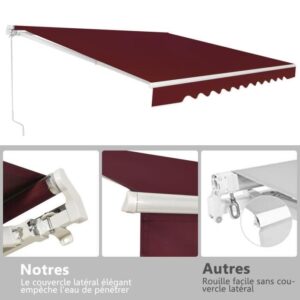 Toldo Retrátil de Varanda COSTWAY 3 x 2,5 m - Tecido Resistente aos Raios UV e à Água, Estrutura de Alumínio, Ângulo Ajustável 5-35°, Borgonha - Image 4