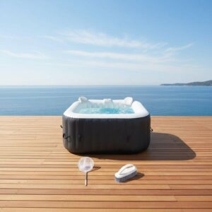 SUNSPA Conjunto Completo: Hidromassagem Inflável Quadrada 6 Pessoas + Acessórios (4 Apoios de Cabeça, Filtro, Rede, Escova, Tapete, Cobertura) - Image 3
