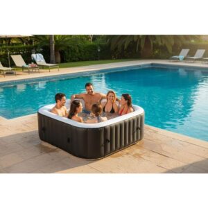 SUNSPA Conjunto Completo: Hidromassagem Inflável Quadrada 6 Pessoas + Acessórios (4 Apoios de Cabeça, Filtro, Rede, Escova, Tapete, Cobertura) - Image 4