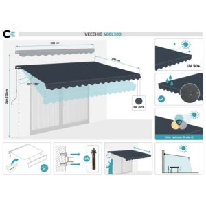 Toldo retrátil manual - Cazeboo - VECCHIO - 4x3m - Tecido premium 320g/m² - Cinzento - Resistente aos raios UV - Área sombreada 12m² - Image 3